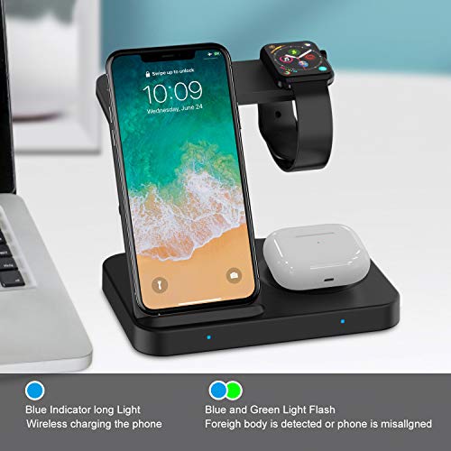 POWERGIANT Cargador Inalámbrico Rápido - Estación de Carga 15W Rápida QI 3 en 1 Soportes de Carga de para Apple Watch Airpords Pro/2 Galaxy Buds iPhone 11 8 X Pro Max Samsung Galaxy S10 S9 S8 S7