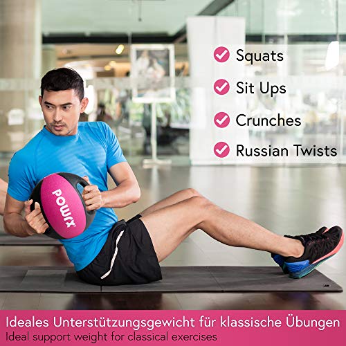 POWRX Balón Medicinal con Asas 6 kg - Ideal para Ejercicios de »Functional Fitness«, fortalecimiento Muscular y rehabilitación + PDF Workout (Pink)
