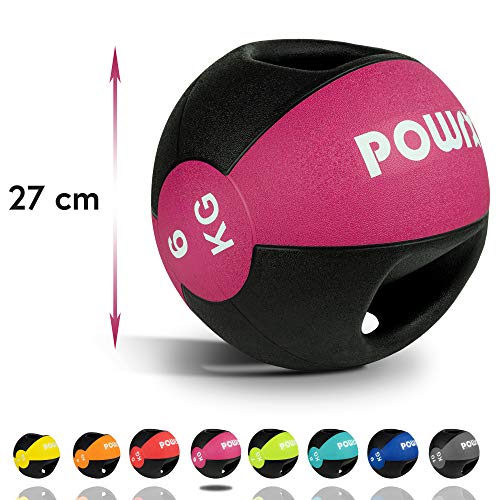 POWRX Balón Medicinal con Asas 6 kg - Ideal para Ejercicios de »Functional Fitness«, fortalecimiento Muscular y rehabilitación + PDF Workout (Pink)