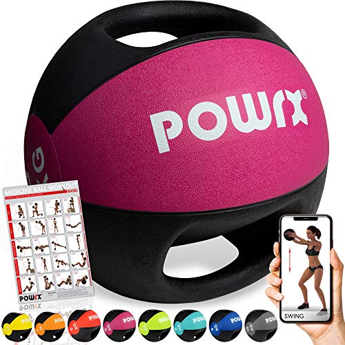 POWRX Balón Medicinal con Asas 6 kg - Ideal para Ejercicios de »Functional Fitness«, fortalecimiento Muscular y rehabilitación + PDF Workout (Pink)