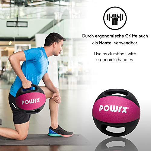 POWRX Balón Medicinal con Asas 6 kg - Ideal para Ejercicios de »Functional Fitness«, fortalecimiento Muscular y rehabilitación + PDF Workout (Pink)