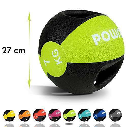 POWRX Balón Medicinal con Asas 7 kg - Ideal para Ejercicios de »Functional Fitness«, fortalecimiento Muscular y rehabilitación + PDF Workout (Lime)