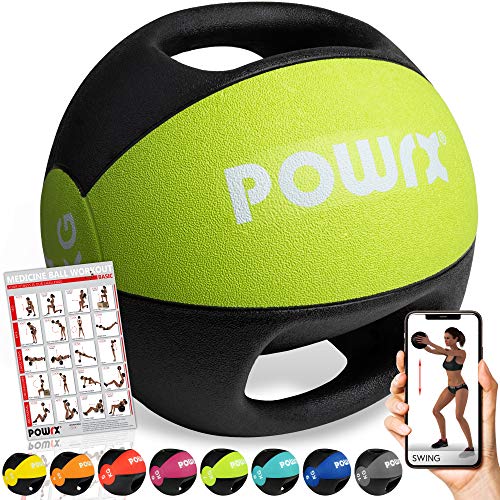 POWRX Balón Medicinal con Asas 7 kg - Ideal para Ejercicios de »Functional Fitness«, fortalecimiento Muscular y rehabilitación + PDF Workout (Lime)