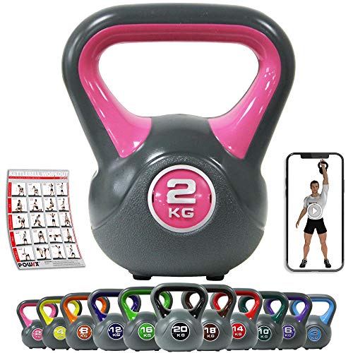 POWRX - Kettlebell de hormigón 2-20 kg - Pesa Rusa con Revestimiento de Vinilo - Base con Goma Antideslizante + PDF Workout (2 kg/Rosa)