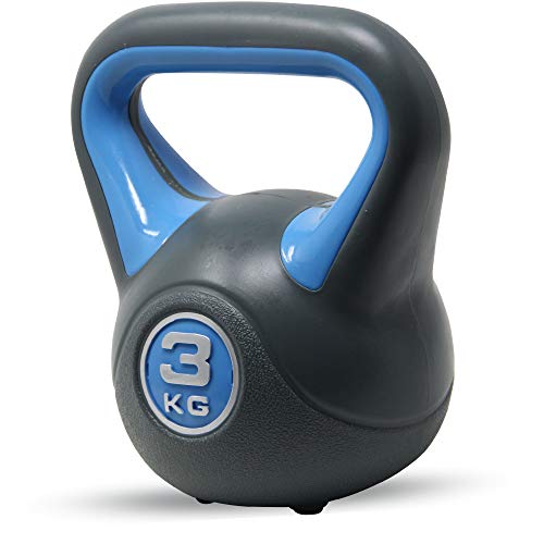 POWRX - Kettlebell de hormigón 2-20 kg - Pesa Rusa con Revestimiento de Vinilo - Base con Goma Antideslizante + PDF Workout (3 kg/Azul)