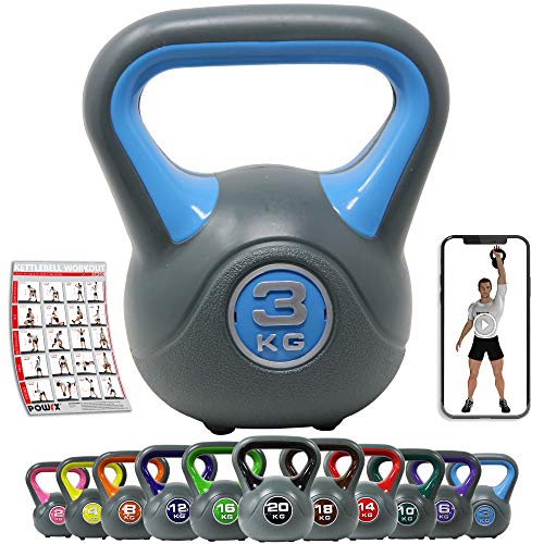 POWRX - Kettlebell de hormigón 2-20 kg - Pesa Rusa con Revestimiento de Vinilo - Base con Goma Antideslizante + PDF Workout (3 kg/Azul)