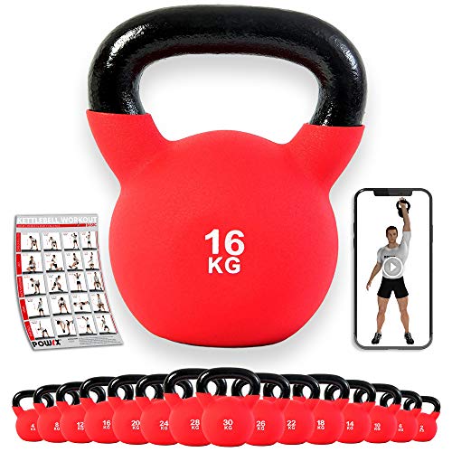 POWRX - Kettlebell Hierro Fundido 4-30 kg - Pesa Rusa con Revestimiento de Neopreno + PDF Workout (16 kg)