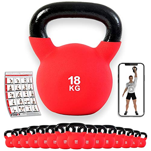 POWRX - Kettlebell Hierro Fundido 4-30 kg - Pesa Rusa con Revestimiento de Neopreno + PDF Workout (18 kg)