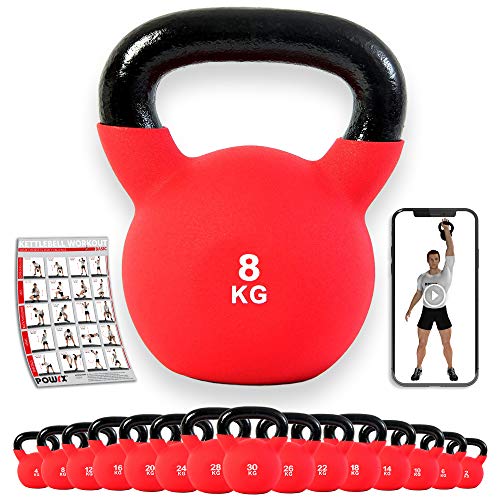 POWRX - Kettlebell Hierro Fundido 4-30 kg - Pesa Rusa con Revestimiento de Neopreno + PDF Workout (8 kg)