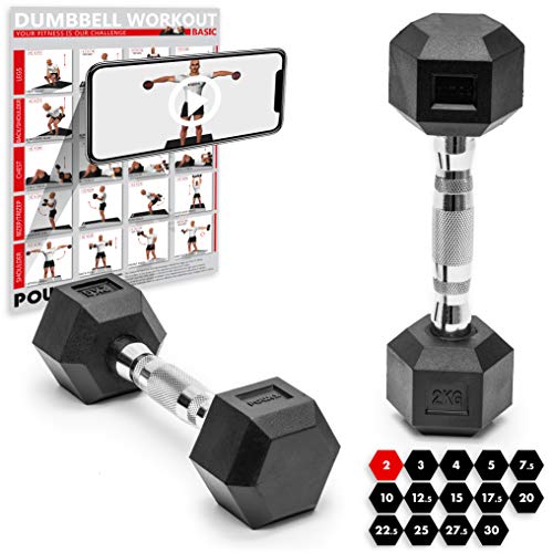 POWRX - Mancuernas hexagonales 6 kg Set (2 x 3 kg) - Revestimiento de Goma + PDF Workout (Negro)