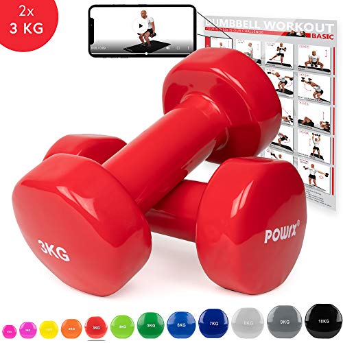 POWRX Mancuernas Vinilo 6 kg Set (2 x 3 kg) + PDF Workout (Rojo)