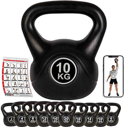 POWRX Pesa Rusa de hormigón 4-12 kg - Kettlebell con Revestimiento de Vinilo y Agarre Antideslizante + PDF Workout (10 kg/Negro)