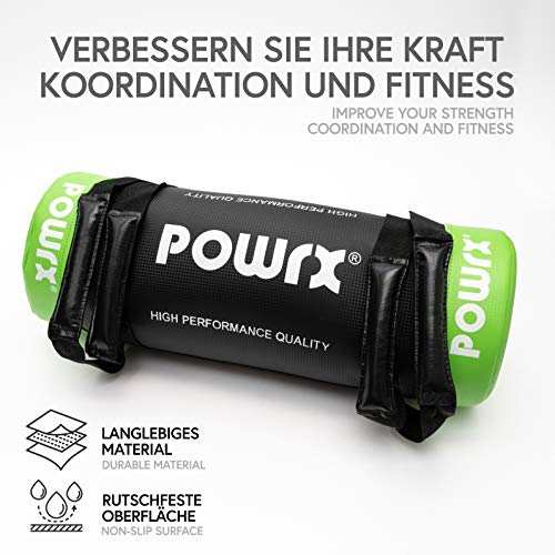 POWRX Sandbag 15 kg - Perfecta para mejorar equilibrio, fuerza y coordinación - Power bag con cuatro agarres + PDF workout (Verde claro)