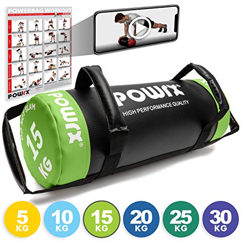 POWRX Sandbag 15 kg - Perfecta para mejorar equilibrio, fuerza y coordinación - Power bag con cuatro agarres + PDF workout (Verde claro)