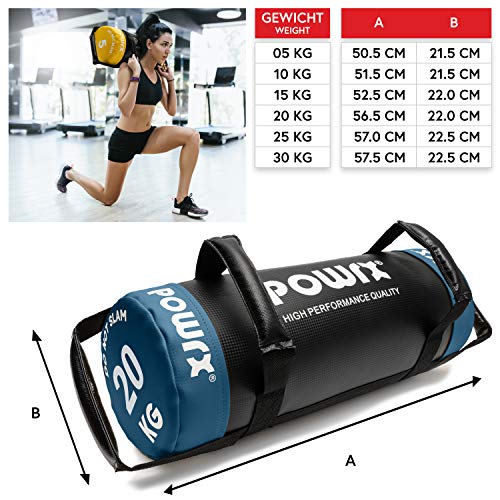 POWRX Sandbag 20 kg - Perfecta para mejorar equilibrio, fuerza y coordinación - Power bag con cuatro agarres + PDF workout (Azul)