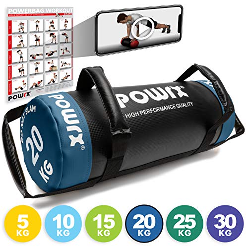 POWRX Sandbag 20 kg - Perfecta para mejorar equilibrio, fuerza y coordinación - Power bag con cuatro agarres + PDF workout (Azul)