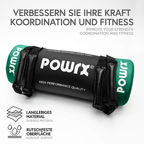 POWRX Sandbag 25 kg - Perfecta para mejorar equilibrio, fuerza y coordinación - Power bag con cuatro agarres + PDF workout (Verde)