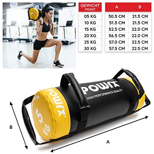 POWRX Sandbag de 5 a 30 kg - Perfecta para mejorar equilibrio, fuerza y coordinación - Power bag con cuatro agarres + PDF workout (5 kg / Amarillo)