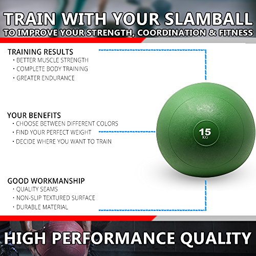 POWRX Slam Ball Balón Medicinal 15 kg - Ideal para Ejercicios de »Functional Fitness«, fortalecimiento y tonificación Muscular - Contenido de Arena y Efecto Anti-Rebote + PDF Workout (Verde)