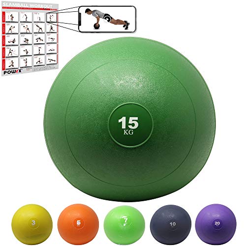 POWRX Slam Ball Balón Medicinal 15 kg - Ideal para Ejercicios de »Functional Fitness«, fortalecimiento y tonificación Muscular - Contenido de Arena y Efecto Anti-Rebote + PDF Workout (Verde)