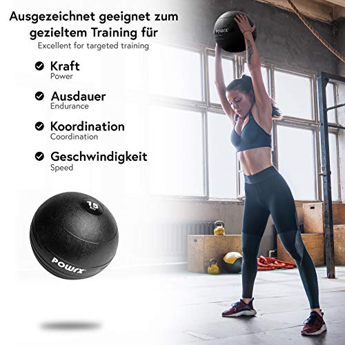 POWRX - Slam Ball Balón Medicinal 3-20 kg - Ideal para Ejercicios de Entrenamiento Funcional - (15 kg/Negro)