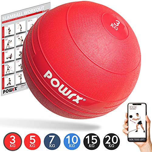 POWRX Slam Ball Balón Medicinal 3-20 kg - Ideal para Ejercicios de Entrenamiento Funcional - (3 kg/Rojo)