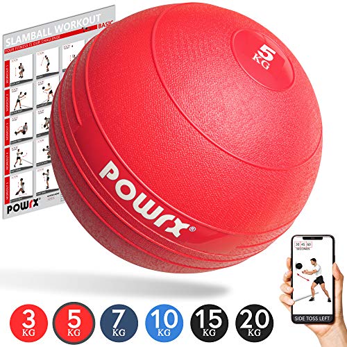 POWRX - Slam Ball Balón Medicinal 3-20 kg - Ideal para Ejercicios de Entrenamiento Funcional - (5 kg/Rojo)