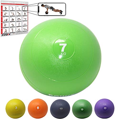 POWRX Slam Ball Balón Medicinal 7 kg - Ideal para Ejercicios de »Functional Fitness«, fortalecimiento y tonificación Muscular - Contenido de Arena y Efecto Anti-Rebote + PDF Workout (Verde Claro)