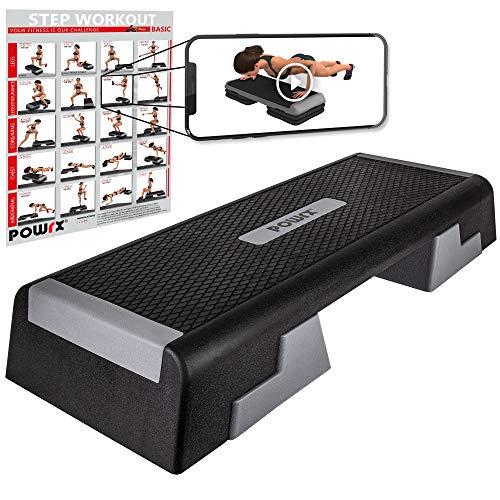 POWRX Step fitness profesional aeróbic (89 x 34 cm) - Ajustable en 3 Alturas (15/20/25 cm) - Stepper ideal para ejercicios de body pump - Superficie antideslizante + PDF workout