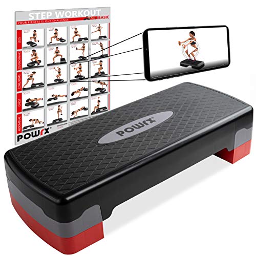 POWRX - Step fitness/aeróbic escalón (68 x 28,5 cm) - Stepper ideal para ejercicios en casa - Altura regulable y superficie antideslizante + PDF workout (Negro/Gris)