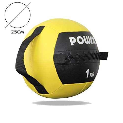 POWRX Wall Ball con Asas Laterales 1 kg - Ideal para Ejercicios de »Functional Fitness«, fortalecimiento y tonificación Muscular - Agarre Antideslizante + PDF Workout (Amarillo)