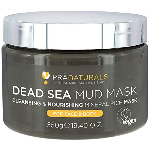 PraNaturals 550g Mascarilla Facial y Corporal 100% Natural y Orgánica con Barro del Mar Muerto, Rica en Minerales Nutritivos, Hidrata y Desintoxica la Piel, Exfolia Células Muertas de la Piel