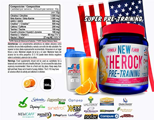 PRE-ENTRENO The Rock, pre entrenamiento, mejora rendimiento, aumenta energía y fuerza, contiene beta-alanina, taurina, creatina y pimienta negra - American Suplement - 300g (NARANJA)