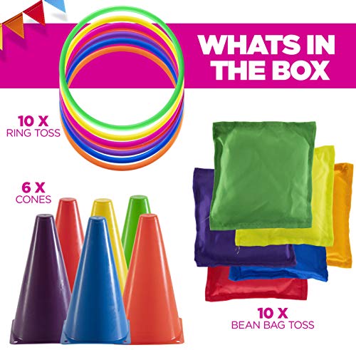 PREXTEX Set Combo 3 en 1 de Carnaval Bolsas de Judías para Cornhole, Juego De Lanzamiento De Anillos y Set de Conos de Plástico - 26 Piezas