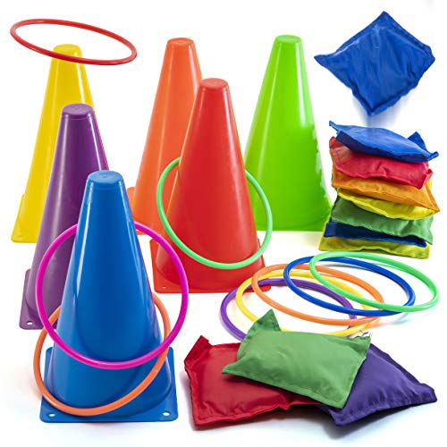 PREXTEX Set Combo 3 en 1 de Carnaval Bolsas de Judías para Cornhole, Juego De Lanzamiento De Anillos y Set de Conos de Plástico - 26 Piezas