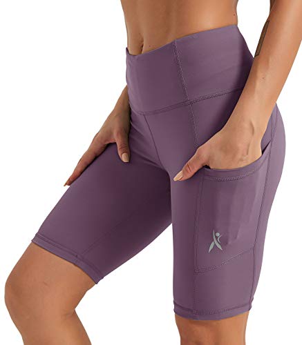 Priessei - Pantalones cortos de compresión para mujer, cintura alta, para yoga, correr, con bolsillos laterales - - XL