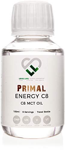 Primal Energy Aceite C8 MCT de LLS | Botella de 100 ml - 6 porciones | El ácido caprílico se convierte más rápidamente en cetonas | Botella sin BPA | Embotellado en el Reino Unido bajo licencia GMP