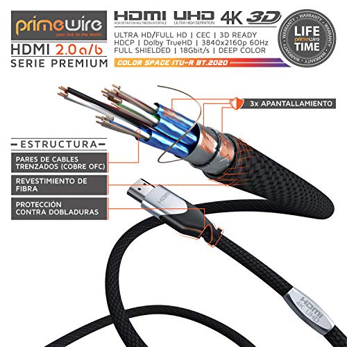 Primewire 3m Cable de HDMI - 4K 60Hz 4096 x 2160p HDR UHD 4x4x4 18Gbps - Alta Velocidad con Ethernet - 4K Ultra HD 2160p 3D ARC y CEC - Cable de blindaje Triple - Trenzado de Nylon - Black Line