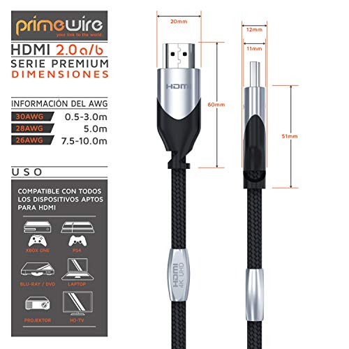 Primewire 3m Cable de HDMI - 4K 60Hz 4096 x 2160p HDR UHD 4x4x4 18Gbps - Alta Velocidad con Ethernet - 4K Ultra HD 2160p 3D ARC y CEC - Cable de blindaje Triple - Trenzado de Nylon - Black Line