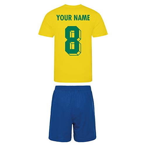 Print Me A Shirt Kit del Equipo de Brasil Brazil Personalizable para Ninos con Camiseta de Futbol, Pantalones Corto, Calcetines y Bolsa.