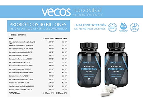 Probióticos liofilizados Vecos de alta resistencia (40 billones UFC) – 15 cepas bacterianas para el cuidado de la flora intestinal – 60 cápsulas vegetales gastrorresistentes – 100% producto vegano