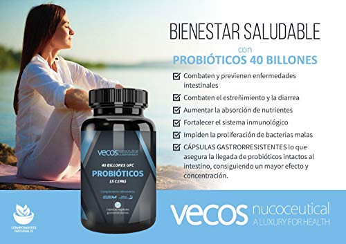 Probióticos liofilizados Vecos de alta resistencia (40 billones UFC) – 15 cepas bacterianas para el cuidado de la flora intestinal – 60 cápsulas vegetales gastrorresistentes – 100% producto vegano