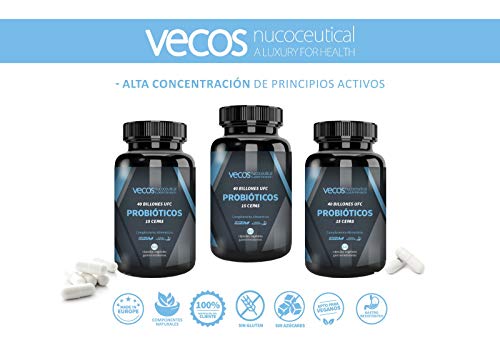 Probióticos liofilizados Vecos de alta resistencia (40 billones UFC) – 15 cepas bacterianas para el cuidado de la flora intestinal – 60 cápsulas vegetales gastrorresistentes – 100% producto vegano