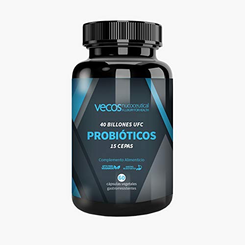 Probióticos liofilizados Vecos de alta resistencia (40 billones UFC) – 15 cepas bacterianas para el cuidado de la flora intestinal – 60 cápsulas vegetales gastrorresistentes – 100% producto vegano