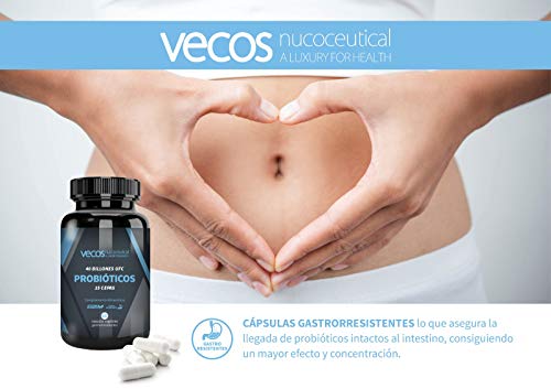 Probióticos liofilizados Vecos de alta resistencia (40 billones UFC) – 15 cepas bacterianas para el cuidado de la flora intestinal – 60 cápsulas vegetales gastrorresistentes – 100% producto vegano