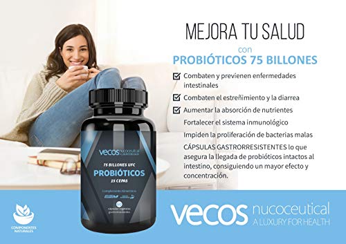 Probióticos liofilizados Vecos de alta resistencia (75 billones UFC) – 15 cepas bacterianas para el cuidado de la flora intestinal – 60 cápsulas vegetales gastrorresistentes – 100% producto vegano