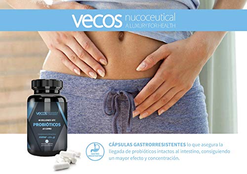 Probióticos liofilizados Vecos de alta resistencia (75 billones UFC) – 15 cepas bacterianas para el cuidado de la flora intestinal – 60 cápsulas vegetales gastrorresistentes – 100% producto vegano