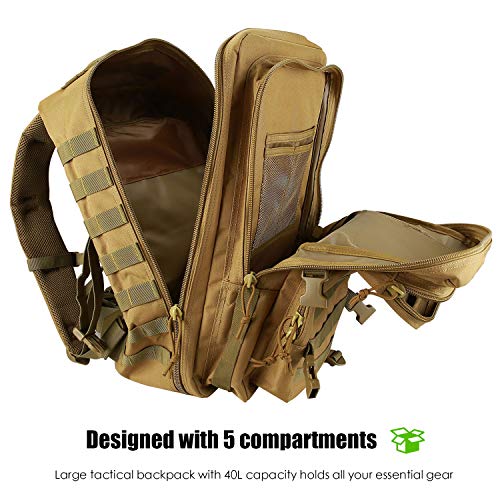 ProCase Mochila 40 L Táctica Militar, Paquete de Asalto MOLLE de Gran Capacidad para Utilidad Militar, Bolsa de Emergencia de 3 Días para Caza Senderismo Acampada y Actividad al Aire Libre –Caqui