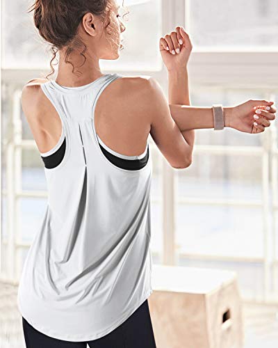 Promover Entrenamiento Tank Top para Mujeres Ligero Plisado Suelto Ajuste Gimnasio Ropa Yoga Tops Sin Mangas Racerback Camisas Deportivas - Blanco - X-Large