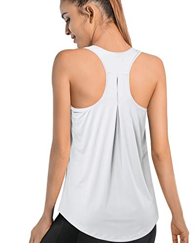 Promover Entrenamiento Tank Top para Mujeres Ligero Plisado Suelto Ajuste Gimnasio Ropa Yoga Tops Sin Mangas Racerback Camisas Deportivas - Blanco - X-Large